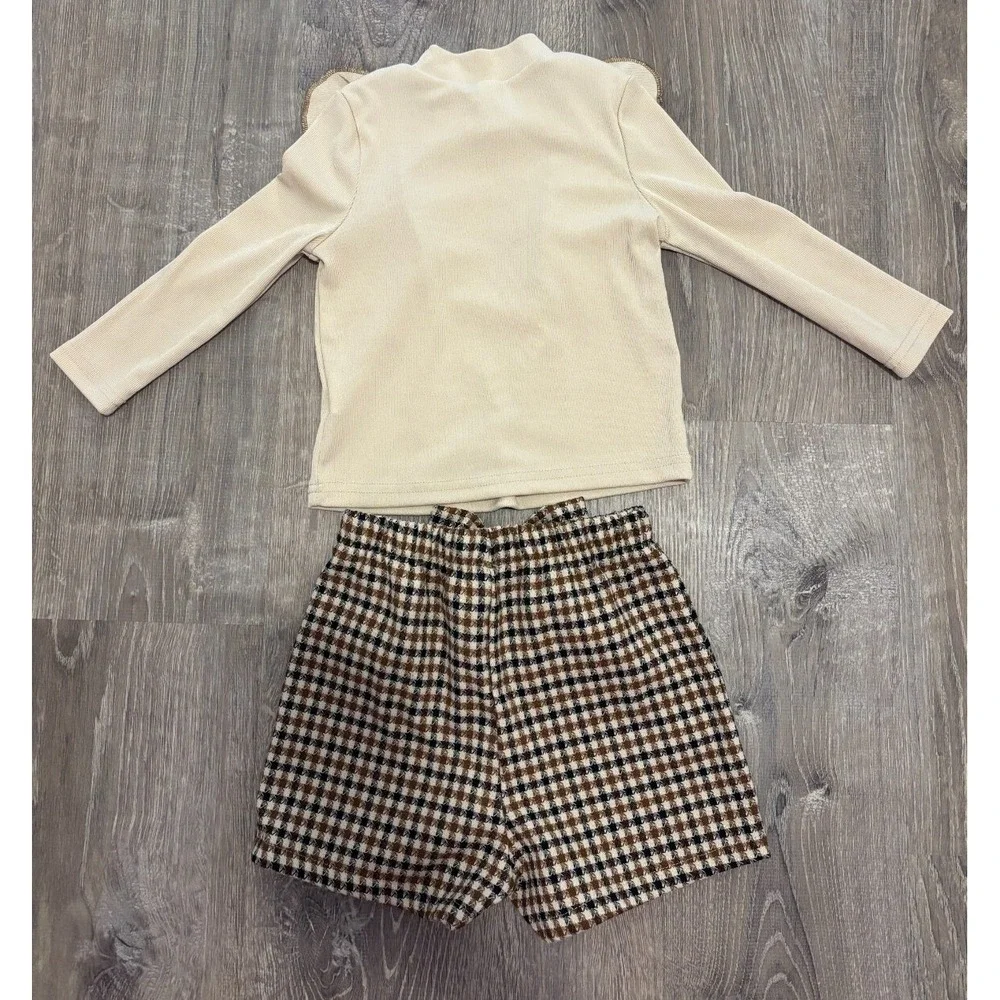 Toddler Girls Cream Ribbed Ruffle Top Plaid Bow Short Set Size 2-3Y Fall Holiday